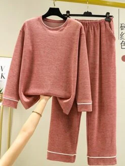 Women's Loungewear Delong Thermal Underwear Sets Pure Color Simple Casual Comfort Home Daily Bed Polyester Warm Crew Neck Long Sleeve Pant Pocket Elastic Waist Fall Winter Light Pink Pink