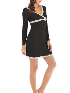 Women's Pajamas Nightgown Nighty Pure Color Simple Comfort Home Daily Bed Modal Breathable Gift V Wire Long Sleeve Lace Basic Spring Summer Black Gray -Ladies Pajamas Store pptzvn1647237799739
