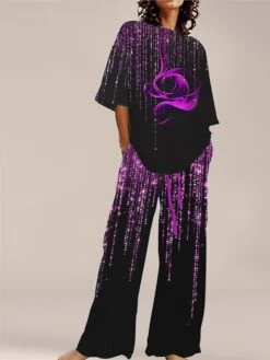 Women's Loungewear Sets 2 Pieces Flower Simple Comfort Sweet Home Daily Polyester Breathable Crew Neck Short Sleeve Pullover Pant Pocket Summer Spring Light Pink Lake Blue -Ladies Pajamas Store prbtds1685616230783