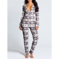 Women's Onesie Pajama For Adult Elk Snowflake Casual Comfort Soft Xmas Home Christmas DailyBreathable V Wire Long Sleeve Hole Fall Winter White Red -Ladies Pajamas Store prudyf1694164381283