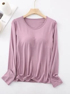 Women's Pajamas Top Pure Color Simple Casual Soft Home Daily Bed Cotton Breathable Crew Neck Long Sleeve Chest Pads Fall Winter Sauce Purple Champagne Powder -Ladies Pajamas Store pseiap1693467413974