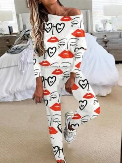 Women's Sweatsuit Lip Pattern Lounge Sets Heart Abstract Sport Comfort Home Street Vacation Polyester Crew Neck Long Pant Pullover Fall Winter White Red