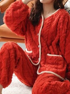Women's Pajamas Sets Pure Color Warm Comfort Soft Home Daily Bed Flannel Warm Breathable Crew Neck Long Sleeve Cardigan Pant Button Pocket Fall Winter JY5128 JY5136 -Ladies Pajamas Store ptdvuk1693206691459