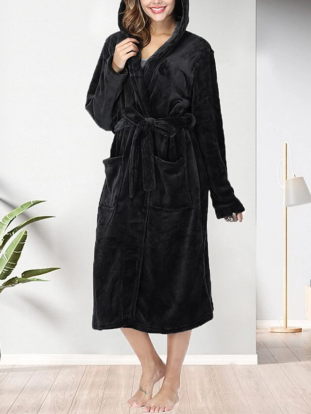 Women's Robe Bathrobe Robes Gown Star Simple Casual Soft Home Daily Bed Polyester Warm Hoodie Long Sleeve Fall Winter Black Purple 5 Women's Robe Bathrobe Robes Gown Star Simple Casual Soft Home Daily Bed Polyester Warm Hoodie Long Sleeve Fall Winter Black Purple - Image 3