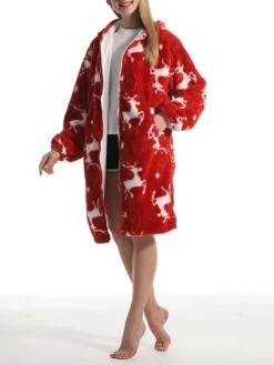 Women's Hoodie Zip Up Robe Elk Plush Casual Comfort Xmas Home Christmas Daily Flannel Warm Breathable Hoodie Long Sleeve Pocket Fall Winter Red -Ladies Pajamas Store puigyo1695373706904
