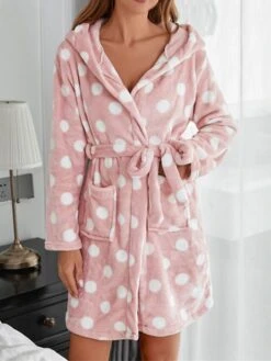 Women's Robes Gown Pjs Dot Comfort Soft Home Bed Polyester Hoodie Long Sleeve Pocket Hoodie Fall Winter Pink -Ladies Pajamas Store pusyda1662541450318