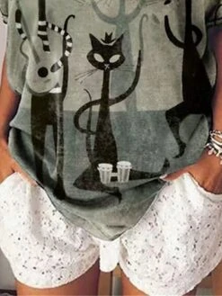 Women's Loungewear Top Cat Fashion Casual Comfort Street Date Airport Spandex Breathable Lapel Short Sleeve Summer Spring Gray -Ladies Pajamas Store pvanab1682328149915