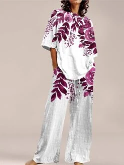 Women's Lounge Sets Top And Pant Flower Comfort Home Daily Polyester Crew Neck Summer Spring Pink Blue -Ladies Pajamas Store pvuvih1689059915116