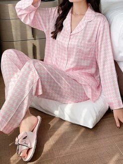 Women's Loungewear Sets Grid / Plaid Fashion Comfort Soft Home Daily Bed Ice Silk Breathable Lapel Long Sleeve Shirt Pant Button Pocket Fall Winter Black Pink -Ladies Pajamas Store pysudh1694766975843