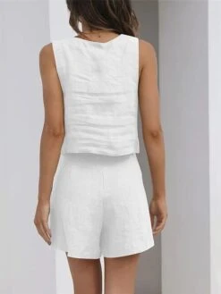 Women's Loungewear Sets Pure Color Simple Casual Comfort Street Daily Date Cotton And Linen Breathable Square Neck Sleeveless Shorts Pocket Summer Spring Black White -Ladies Pajamas Store qacxhz1681730700857