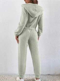 Women's Pajamas Sets Pure Color Warm Fashion Plush Home Daily Bed Polyester Warm Breathable Hoodie Long Sleeve Cardigan Pant Elastic Waist Fall Winter Green Khaki -Ladies Pajamas Store qagopa1693552857020