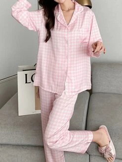 Women's Loungewear Sets Grid / Plaid Fashion Comfort Soft Home Daily Bed Ice Silk Breathable Lapel Long Sleeve Shirt Pant Button Pocket Fall Winter Black Pink -Ladies Pajamas Store qaoivo1694766978942