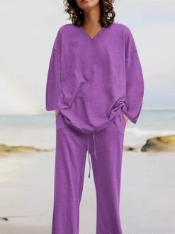 Women's Plus Size Loungewear Sets 2 Pieces Pure Color Fashion Casual Comfort Street Daily Date Cotton Breathable V Wire Long Sleeve Pant Summer Fall Yellow Pink -Ladies Pajamas Store qbzmji1689326422762