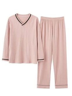 Women's Cotton Pajama Sets Pure Color Fashion Casual Soft Home Daily Bed Cotton Breathable V Wire Long Sleeve Pant Pocket Summer Fall Yellow Pink