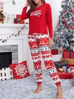 Women's Christmas Pajamas Sets Letter Elk Fashion Casual Soft Xmas Home Christmas Daily Polyester Breathable Crew Neck Long Sleeve T Shirt Tee Pant Fall Winter Red -Ladies Pajamas Store qdzxdq1692950066781