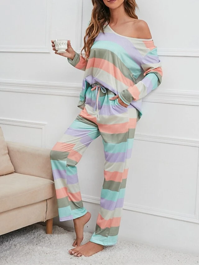 Women's Pajamas Nighty Pjs Sets 2 Pieces Rainbow Stripe Fashion Comfort Soft Home Daily Bed Cotton Breathable V Wire Long Sleeve T Shirt Tee Pant Spring Fall Yellow Blue 4 Women's Pajamas Nighty Pjs Sets 2 Pieces Rainbow Stripe Fashion Comfort Soft Home Daily Bed Cotton Breathable V Wire Long Sleeve T Shirt Tee Pant Spring Fall Yellow Blue - Image 2