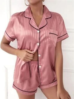Women's Loungewear Sets Leopard Stripe Casual Comfort Soft Home Daily Bed Polyester Breathable Lapel Short Sleeve Shirt Shorts Pocket Elastic Waist Summer Spring Light Pink Lotus Pink -Ladies Pajamas Store qfocxc1680594370523