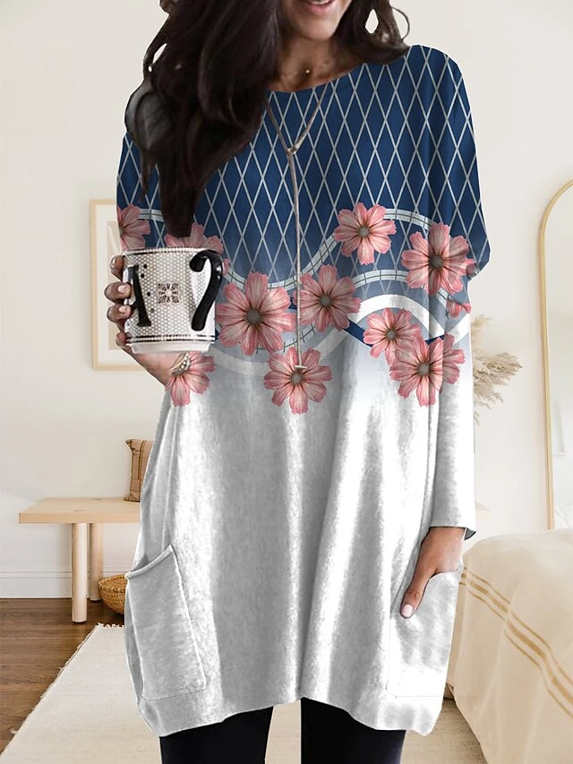 Women's Nightgown Flower Fashion Comfort Home Daily Polyester Crew Neck Long Sleeve Pocket Fall Winter Blue And White Black 3 Women's Nightgown Flower Fashion Comfort Home Daily Polyester Crew Neck Long Sleeve Pocket Fall Winter Blue And White Black