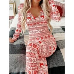 Women's Xmas Onesie Pajama Letter Elk Casual Comfort Soft ChristmasBreathable V Wire Long Sleeve Fall Winter -Ladies Pajamas Store qhcyuw1695281844619