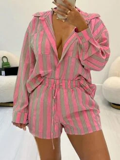 Women's Loungewear Sets Stripe Fashion Casual Comfort Street Daily Date Polyester Breathable Lapel Long Sleeve Shirt Shorts Button Pocket Summer Fall Lake Blue Pink