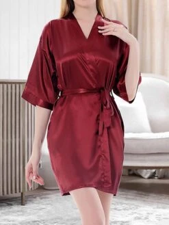 Women's Satin Silk Robe Bathrobe Robes Gown Pure Color Fashion Casual Comfort Home Daily Bed Satin Breathable V Wire Half Sleeve Summer Fall Black White