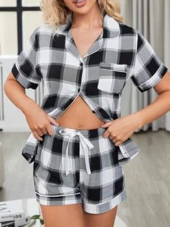 Women's Pajamas Pajama Top And Pant Sets Grid / Plaid Simple Casual Soft Home Daily Bed Cotton Breathable Lapel Short Sleeve Shirt Shorts Elastic Waist Spring Black -Ladies Pajamas Store qlzmmw1680074870007