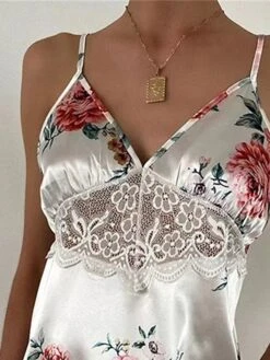 Women's Lace Slip Lingerie Nightgown Nightshirt Dress Pure Color Simple Casual Comfort Home Daily Bed Satin Breathable V Wire Sleeveless Fall Winter White -Ladies Pajamas Store qnbcpu1697074772600