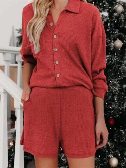 Women's Loungewear Sets Pure Color Casual Comfort Soft Home Street Daily Knit Breathable Lapel Long Sleeve Shirt Shorts Button Pocket Fall Winter Light Blue Black -Ladies Pajamas Store qnfric1693986204770