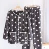 Women's Loungewear Sets Dot Fashion Comfort Soft Home Daily Bed Flannel Warm Breathable Crew Neck Long Sleeve Shirt Pant Button Pocket Fall Winter Black White -Ladies Pajamas Store qnranf1692927365374
