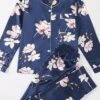 Women's Pajamas Sets Flower Fashion Casual Home Daily Polyester Breathable Lapel Long Sleeve Shirt Pant Button Summer Spring Blue -Ladies Pajamas Store qnskls1693467380569