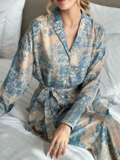 Women's Loungewear Sets Flower Fashion Casual Comfort Home Daily Vacation Polyester Warm Breathable Lapel Long Sleeve Shirt Pant Button Fall Winter Blue -Ladies Pajamas Store qnslyn1693899210995