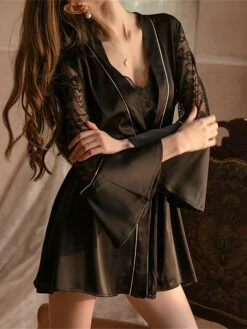 Women's Satin Silk Bathrobe Nightgown Nightshirt Dress 2 Pieces Pure Color Comfort Soft Sweet Home Daily Bed Breathable V Wire Long Sleeve Backless Hole Fall Winter Black White -Ladies Pajamas Store qntqgn1697699908247