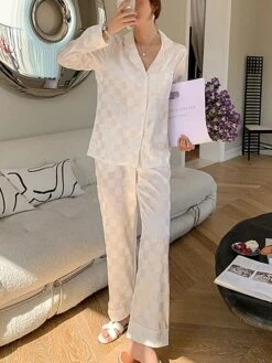 Women's Satin Silk Lounge Sets 2 Pieces Grid / Plaid Fashion Casual Comfort Street Daily Date Silk Breathable Lapel Long Sleeve Pant Button Pocket Summer Fall Black White -Ladies Pajamas Store qoktln1689581318835