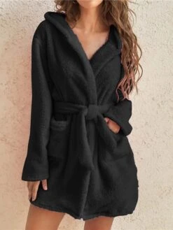 Women's Fleece Robes Gown Pjs Pure Color Simple Plush Comfort Home Daily Bed Warm V Wire Long Sleeve Pocket Fall Winter Black Gray