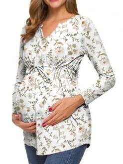 Women's Maternity Tops Pregnancy Shirts Floral Pattern Casual Comfort Pastoral Home Daily Vacation Cotton Breathable V Wire Long Sleeve Fall Winter White Light Green -Ladies Pajamas Store qpcqmo1695281839595