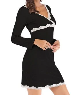 Women's Pajamas Nightgown Nighty Pure Color Simple Comfort Home Daily Bed Modal Breathable Gift V Wire Long Sleeve Lace Basic Spring Summer Black Gray -Ladies Pajamas Store qqofmq1647237801598