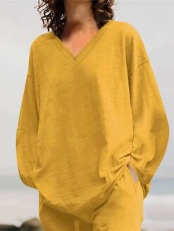 Women's Plus Size Loungewear Sets 2 Pieces Pure Color Fashion Casual Comfort Street Daily Date Cotton Breathable V Wire Long Sleeve Pant Summer Fall Yellow Pink -Ladies Pajamas Store qqywvw1689326425377