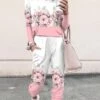 Women's Sets 2 Pieces Geometic Flower Casual Comfort Home Daily Polyester Breathable Crew Neck Long Sleeve Pullover Pant Pocket Fall Winter Light Pink White -Ladies Pajamas Store qtypey1694605737063