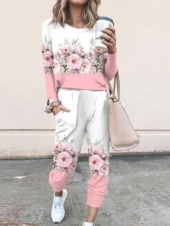 Women's Sets 2 Pieces Geometic Flower Casual Comfort Home Daily Polyester Breathable Crew Neck Long Sleeve Pullover Pant Pocket Fall Winter Light Pink White