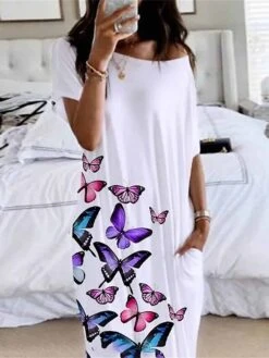 Women's Loungewear Nightshirt Dress Butterfly Flower Fashion Casual Comfort Home Daily Bed Polyester Breathable Crew Neck Short Sleeve Dress Pocket Summer Spring White Red -Ladies Pajamas Store quhfka1679970438555