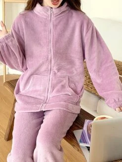 Women's Pajamas Sets Pure Color Warm Fashion Casual Home Daily Bed Flannel Warm Breathable Stand Collar Long Sleeve Cardigan Pant Pocket Fall Winter Purple Green -Ladies Pajamas Store quiend1693206703948