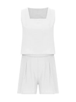 Women's Loungewear Sets Pure Color Simple Casual Comfort Street Daily Date Cotton And Linen Breathable Square Neck Sleeveless Shorts Pocket Summer Spring Black White -Ladies Pajamas Store quyyus1681730702474