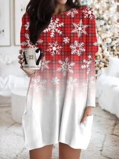 Women's Nightgown Gradient Grid / Plaid Fashion Comfort Xmas Home Christmas Daily Polyester Crew Neck Long Sleeve Pocket Fall Winter White Red -Ladies Pajamas Store qvsvuq1692861947987