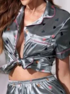 Women's Loungewear Sets Heart Stripe Casual Comfort Soft Home Daily Bed Polyester Breathable Lapel Short Sleeve Shirt Shorts Pocket Elastic Waist Summer Spring Blue And White White -Ladies Pajamas Store qwjirc1680576879043