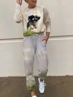 Women's Sweatsuit Tracksuits Sets Cat Dog Fashion Sport Simple Home Daily Polyester Crew Neck Long Sleeve Hoodie Spring Fall Black White -Ladies Pajamas Store qxavia1692861949619