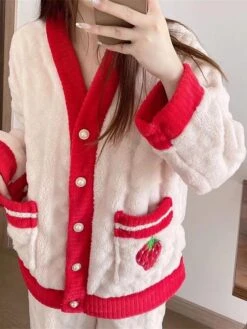 Women's Pajamas Sets Fruit Fashion Casual Comfort Home Daily Bed Flannel Warm V Wire Long Sleeve Cardigan Pant Button Pocket Fall Winter Pink Red -Ladies Pajamas Store qyagiz1693295695708