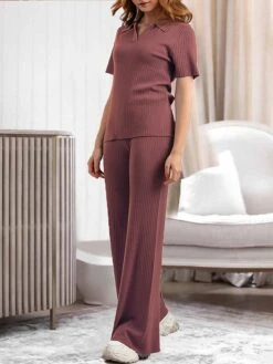 Women's Loungewear Sets 2 Pieces Pure Color Fashion Casual Comfort Street Daily Date Polyester Breathable Lapel Short Sleeve Pant Summer Fall Black Brown -Ladies Pajamas Store ratdfu1691046347480