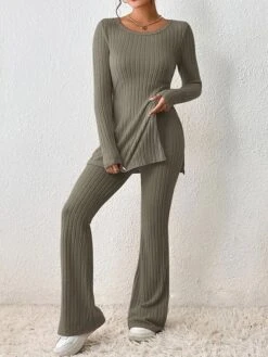 Women's Loungewear Sets Pure Color Casual Comfort Soft Home Street Daily Polyester Breathable Crew Neck Long Sleeve Sweater Pant Fall Winter Black Army Green -Ladies Pajamas Store rbmgky1692861792888