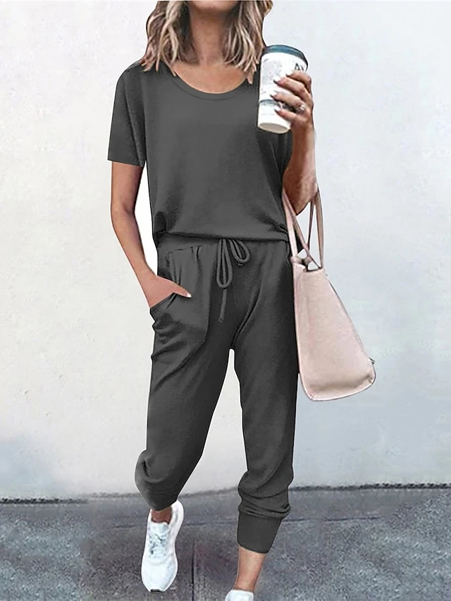 Women's Loungewear Sets Pure Color Fashion Casual Comfort Street Daily Date Polyester Breathable Crew Neck Short Sleeve T Shirt Tee Pant Pocket Elastic Waist Summer Fall Black Pink 8 Women's Loungewear Sets Pure Color Fashion Casual Comfort Street Daily Date Polyester Breathable Crew Neck Short Sleeve T Shirt Tee Pant Pocket Elastic Waist Summer Fall Black Pink - Image 6