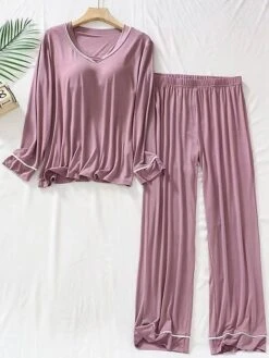 Women's Light Blue Pajamas Sets With Chest Pads Pure Color Simple Casual Comfort Home Daily Bed Modal Breathable Crew Neck Long Sleeve Chest Pads Fall Winter Lotus Pink Pink -Ladies Pajamas Store rcrfpm1697699922725